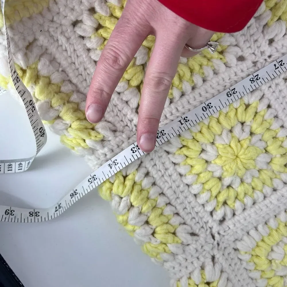 Vintage Handmade Large Afghan Blanket Yellow & White Camp Adirondack rustic 42 x